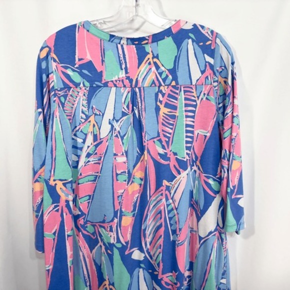Lilly Pulitzer Large Dress Blue Pink Shift Above Knee Mini V Neck Cotton 429 - Picture 6 of 10